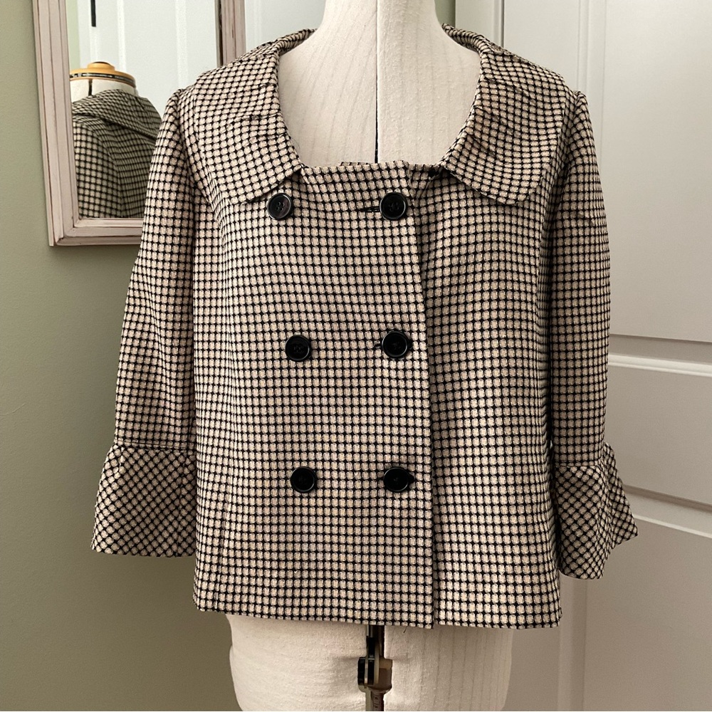 SWEET SUIT, BLACK AND CREAM CHECK WOMEN BLOUSE, SIZE: 14